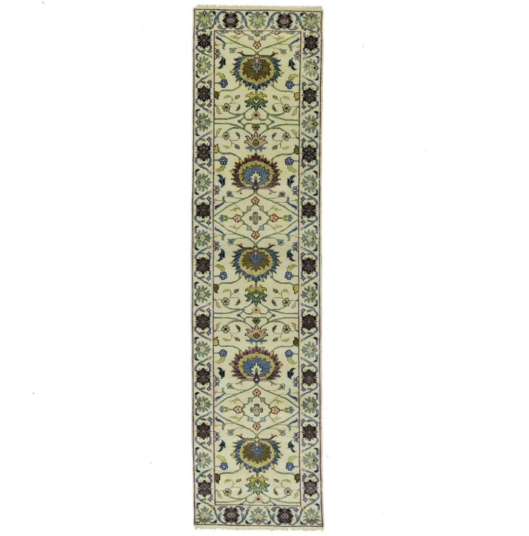 Cream Floral Osh Chobi Peshawar Wool Runner Rug 2'6 x 9'10 Handmade: Cream Floral Osh Chobi Peshawar Wool Runner Rug 2'6 x 9'10 Handmade Enhance your space with this exquisite Cream Osh Chobi Peshawar Wool Runner Rug, ideal for hallways and kitchens. Hand-knotted from