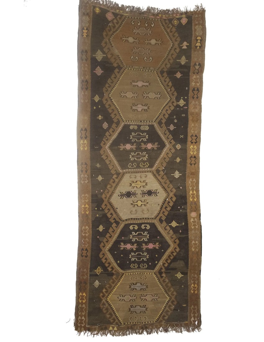 Hand-Woven Wool Tribal Design Runner Rug 4'8 x 12'4 Vintage Style: Hand-Woven Wool Tribal Design Runner Rug 4'8 x 12'4 Vintage Style Enhance your hallway or kitchen with this stunning wool flat weave Oriental runner rug, showcasing a beautiful tribal design. Measurin