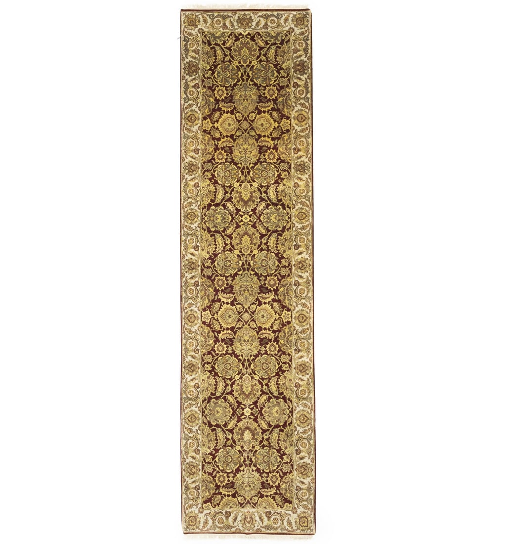 Handmade Floral Agra Jaipur Wool Runner Rug 3x12 ft: Handmade Floral Agra Jaipur Wool Runner Rug 3x12 ft This handmade floral style Agra Jaipur runner rug is a stunning addition to any space, featuring a vibrant blend of maroon, red, gold, buff, beige,
