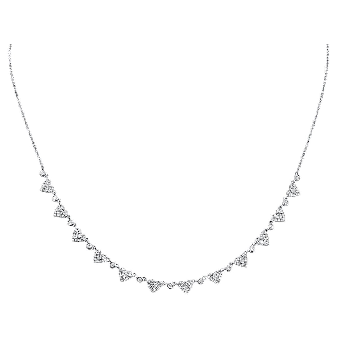 Harbor Diamonds 14K White Gold Multi Diamond Heart Necklace 0.94ct: Harbor Diamonds 14K White Gold Multi Diamond Heart Necklace 0.94ct This stunning 14 Karat white gold necklace features a contemporary design adorned with mini diamond hearts, separated by diamond beze
