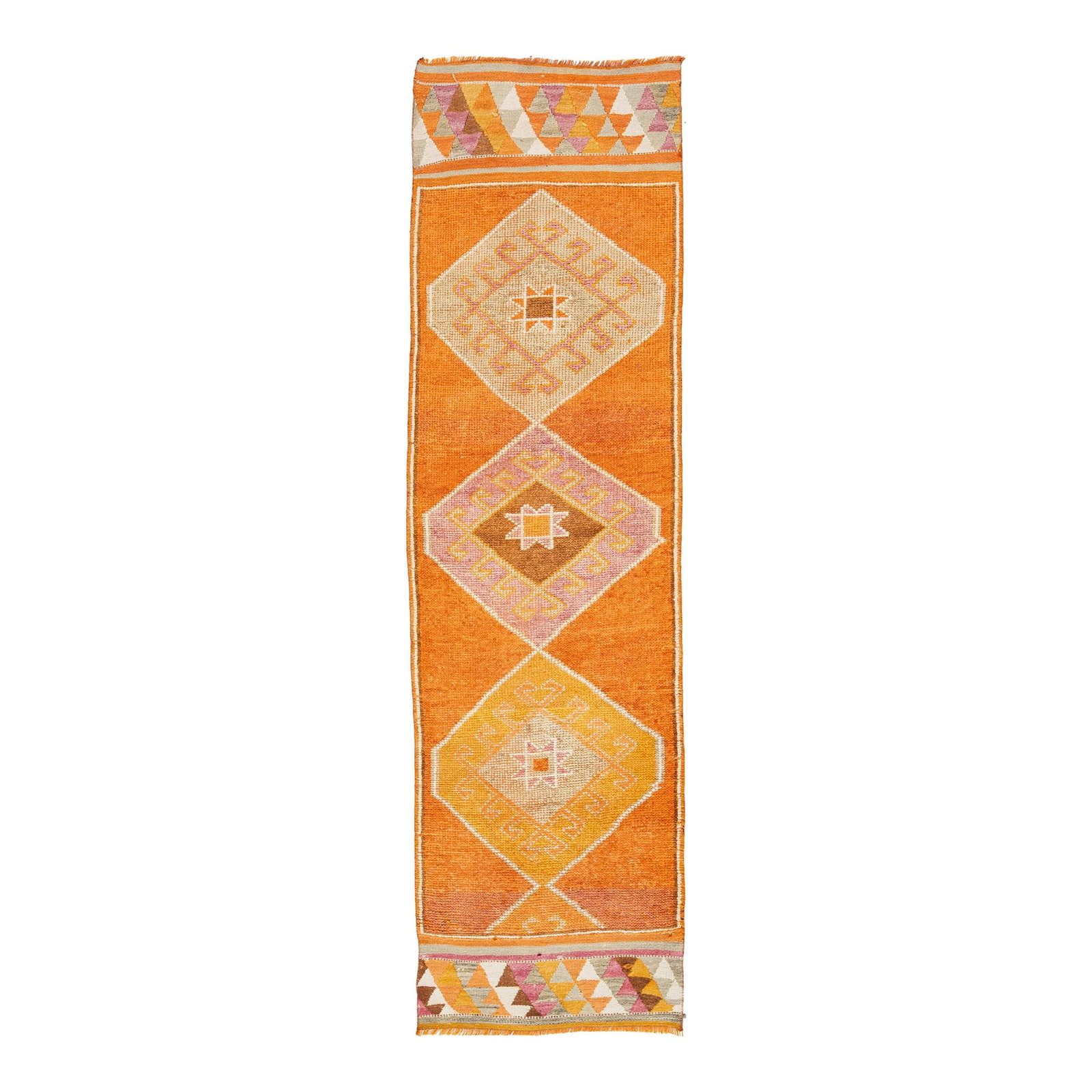 Modern Orange Oushak Wool Runner 2'9'' x 9'9'' Geometric Design: Modern Orange Oushak Wool Runner 2'9'' x 9'9'' Geometric Design Enhance your space with this exquisite Handmade Orange Oushak Wool Runner, featuring a vibrant orange field adorned with a multicolor ge