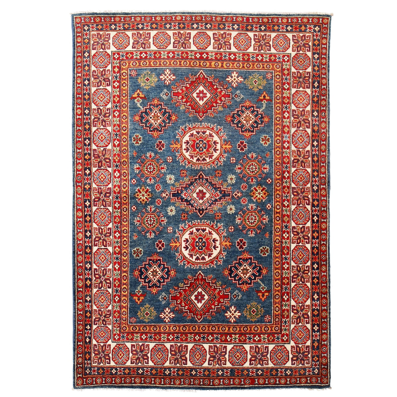 Elegant Blue Kazak Rug 4'10 x 6'6 Handmade Wool Pakistan: Elegant Blue Kazak Rug 4'10 x 6'6 Handmade Wool Pakistan Free continental US Shipping Discover the exquisite craftsmanship of this Beautiful Handmade Blue Kazak Rug, measuring 4.10 x 6.6 feet (58 x 78