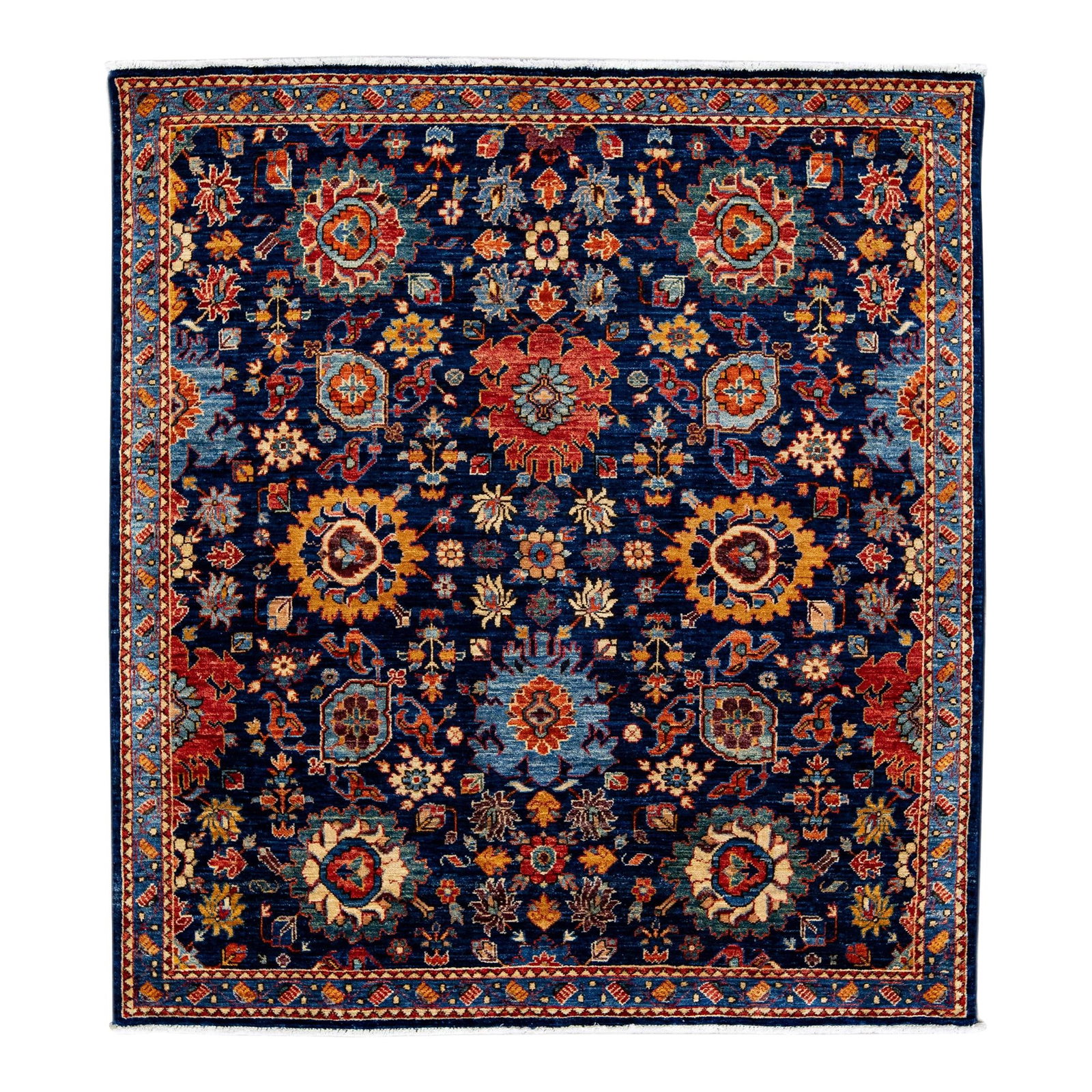 Modern Bidjar Handmade Floral Wool Scatter Rug 4'10 x 5'4 Blue: Modern Bidjar Handmade Floral Wool Scatter Rug 4'10 x 5'4 Blue Enhance your living space with this stunning modern Bidjar style handmade wool rug. Featuring a rich navy-blue field, this scatter rug sh