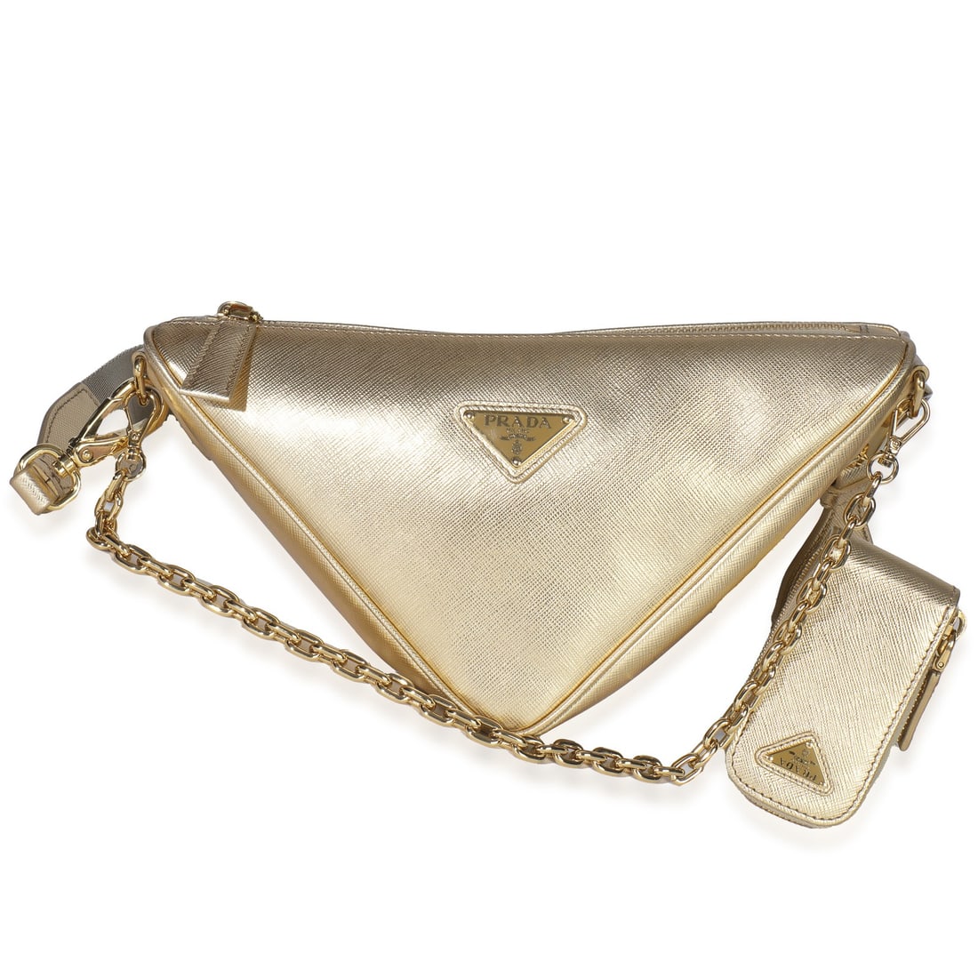 Prada Triangle Shoulder Bag Gold Saffiano Lux Crossbody with Removable Strap: Prada Triangle Shoulder Bag Gold Saffiano Lux Crossbody with Removable Strap This Prada Platino Gold Saffiano Lux Triangle Shoulder Bag features a striking gold jersey exterior with a Saffiano finish