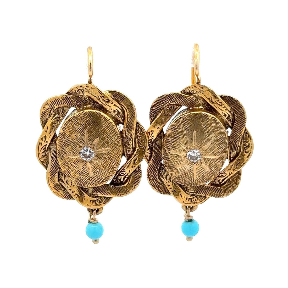 Vintage 14k Yellow Gold Diamond Turquoise Dangle Earrings (1 of 6)