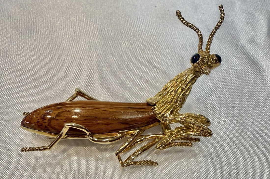 Neiman Marcus 18K Gold Sapphire Wood Brooch Made in France (1 of 6)