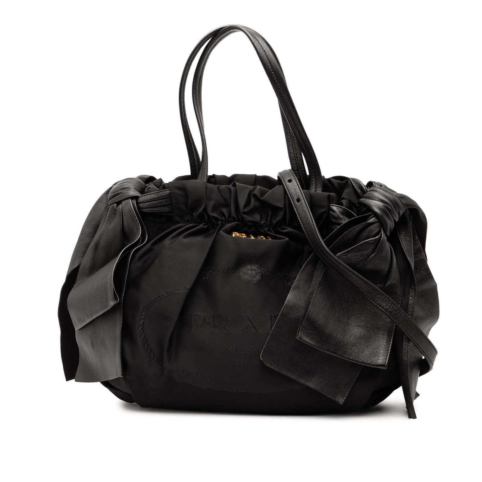 Black Prada Tessuto Logo Bow Satchel with Leather Handles and Side Bow Detail (1 of 7)