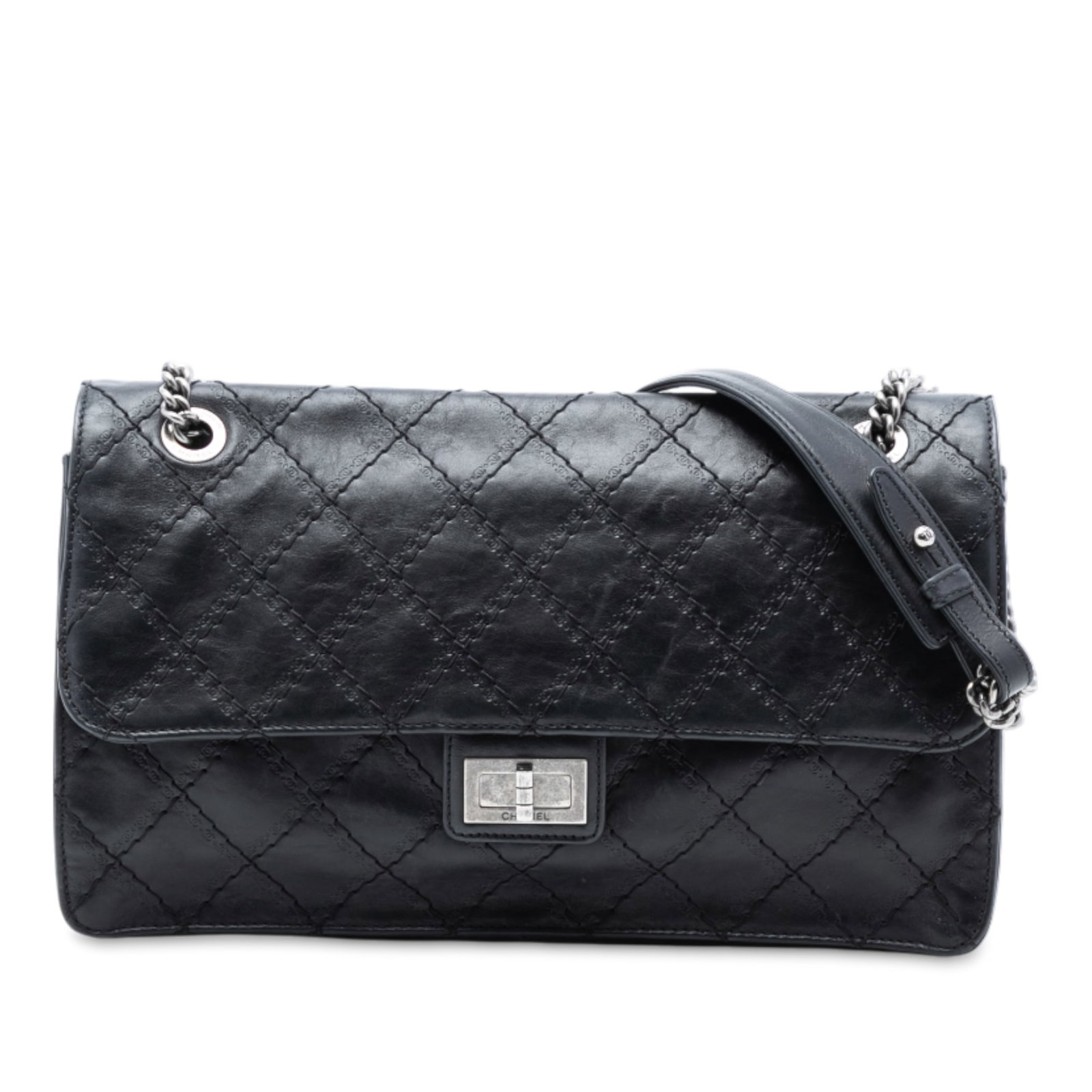 Chanel Reissue 2.55 227 Black Quilted Calfskin Single Flap Shoulder Bag: Chanel Reissue 2.55 227 Black Quilted Calfskin Single Flap Shoulder Bag This Chanel Embossed CC Quilted Reissue 2.55 Single Flap 227 shoulder bag is crafted from aged calfskin leather in black and fea