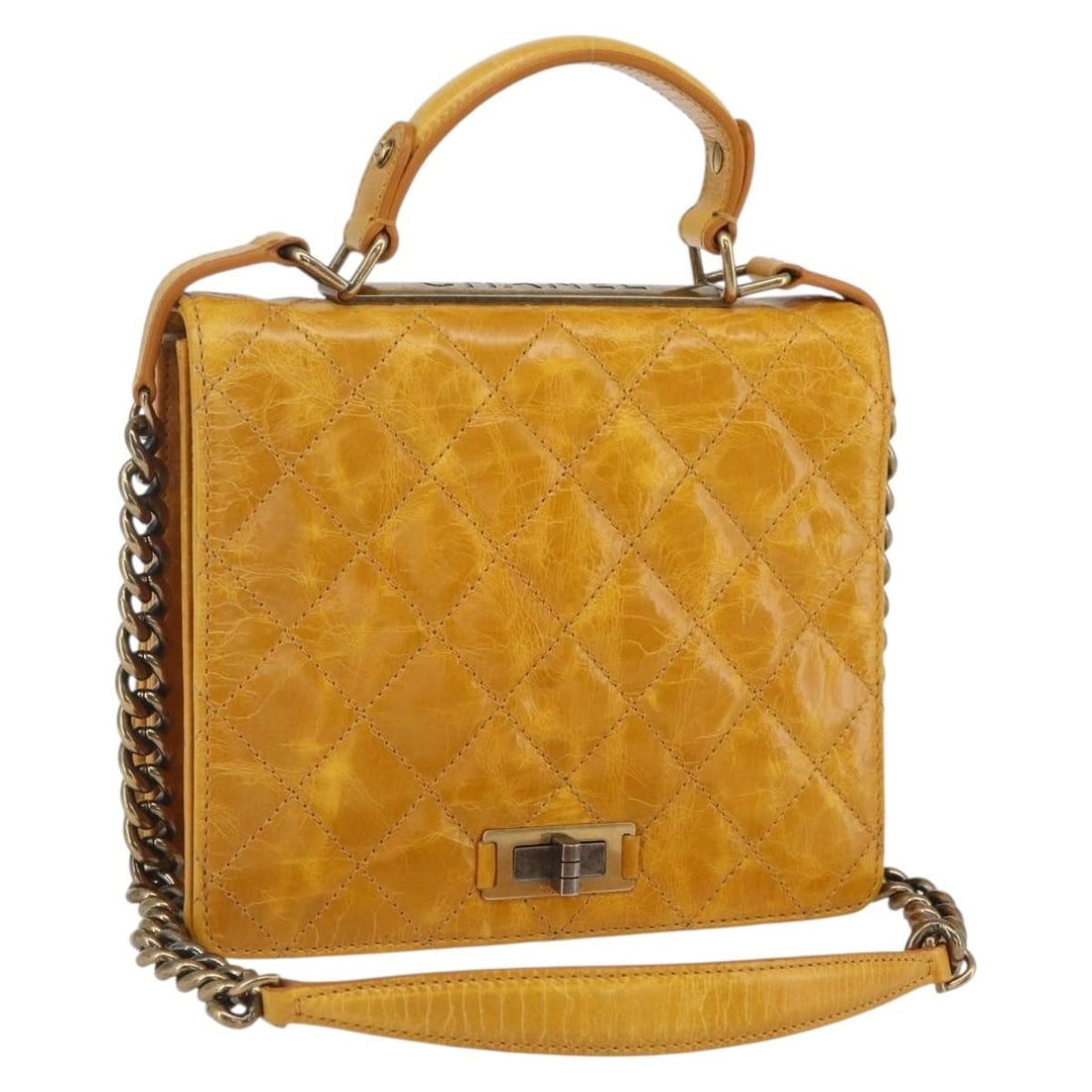 Chanel Yellow Matelasse 2.55 Leather Handbag with Two-Way Carry and Dust Bag: Chanel Yellow Matelasse 2.55 Leather Handbag with Two-Way Carry and Dust Bag This is a CHANEL Matelasse 2.55 2-way handbag crafted from yellow leather. It features both a handle and a shoulder strap, 