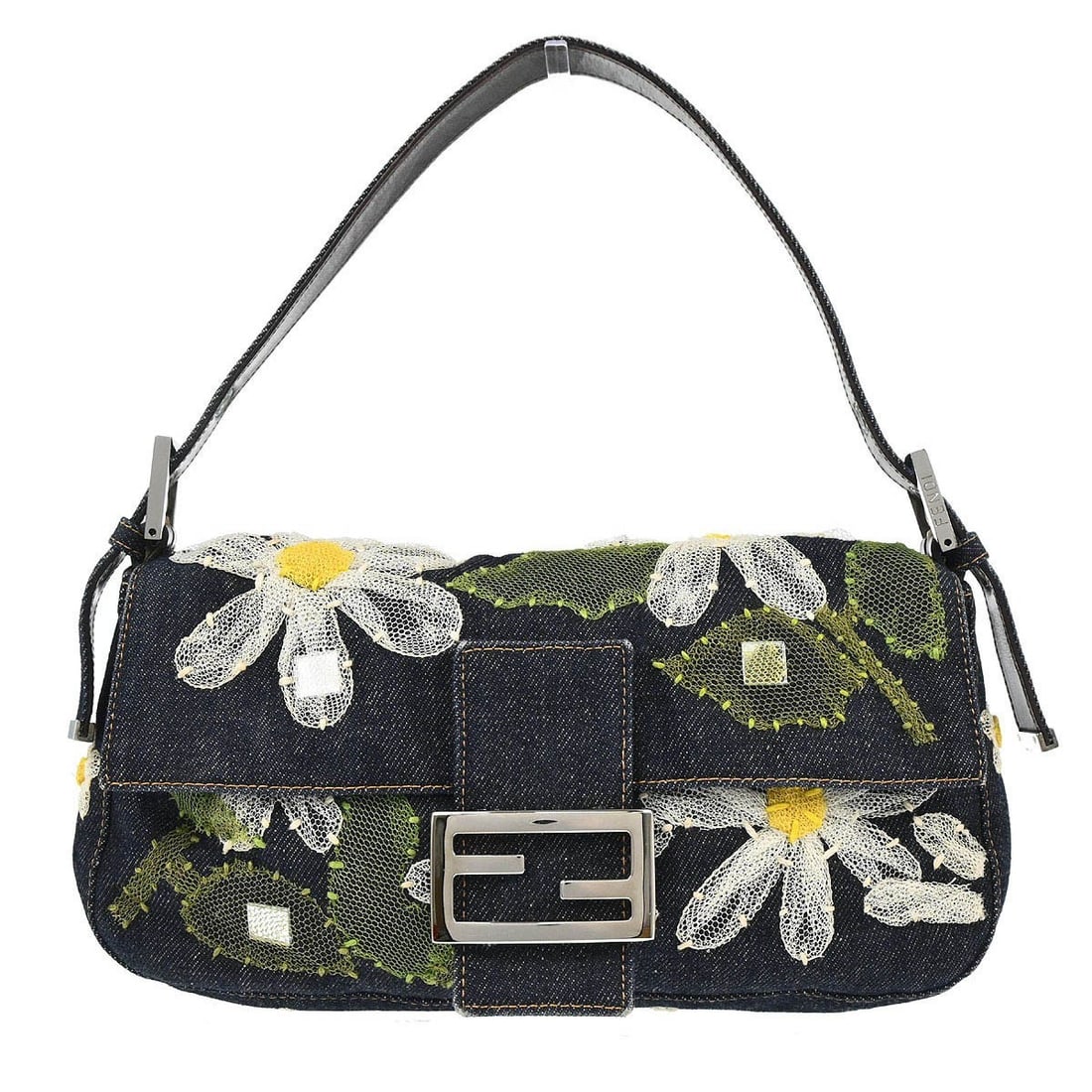 Fendi Baguette Navy Denim Floral Medium Top Handle Bag with Adjustable Strap (1 of 12)