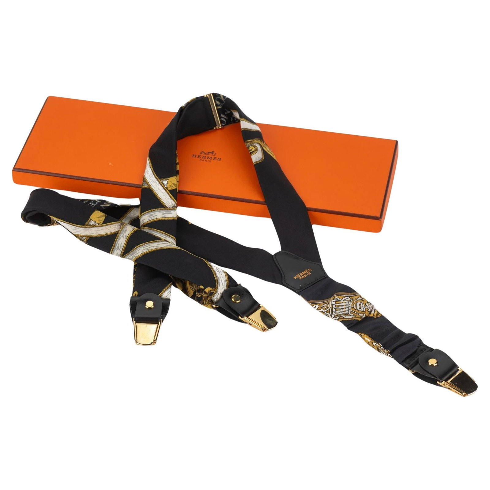 Hermes Vintage Black Gold Silk Suspenders with Original Box: Hermes Vintage Black Gold Silk Suspenders with Original Box Discover these exquisite vintage black silk suspenders by Hermes, a rare collectible from the 21st century. Crafted in France, these suspend