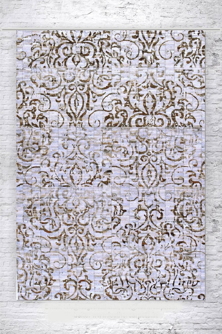 Hand Stitched Cowhide Leather Damask Carpet Distressed Ivory Bronze 3FT x 5FT (1 of 1)