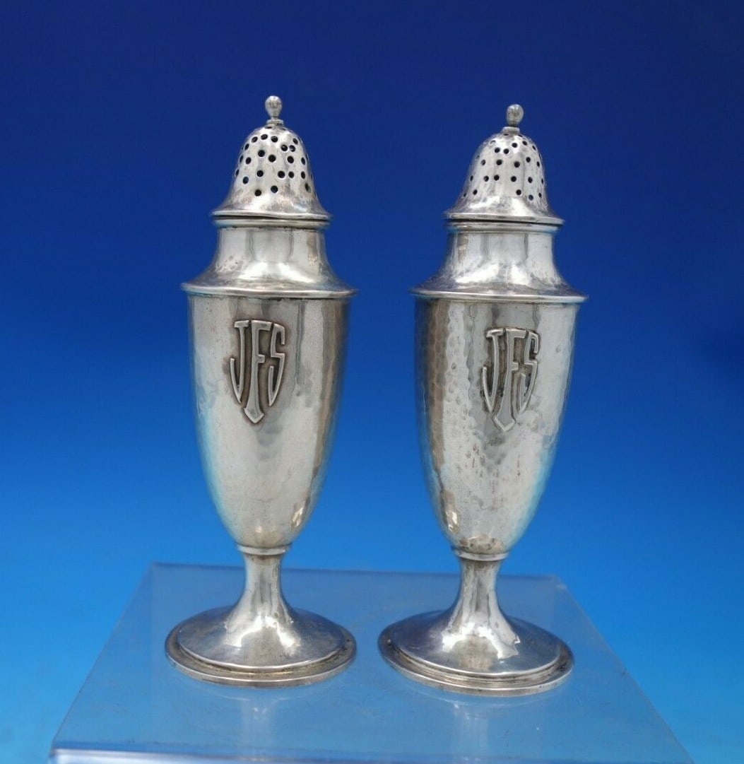 Lebolt Sterling Silver Hand Beaten Salt and Pepper Shaker Set 2pc Monogrammed jfs (1 of 12)