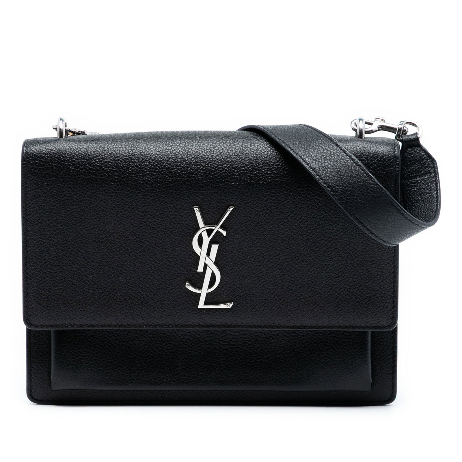 Black Leather Sunset Shoulder Bag by Saint Laurent Medium Size Monogram: Black Leather Sunset Shoulder Bag by Saint Laurent Medium Size Monogram This Saint Laurent Medium Grained Calfskin Monogram Sunset Crossbody features a black leather body with a detachable flat leathe