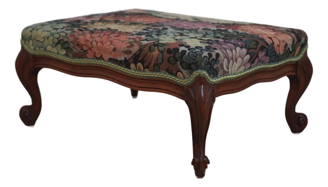 Vintage Country French Mahogany Footstool with Floral Tapestry Upholstery (1 of 10)