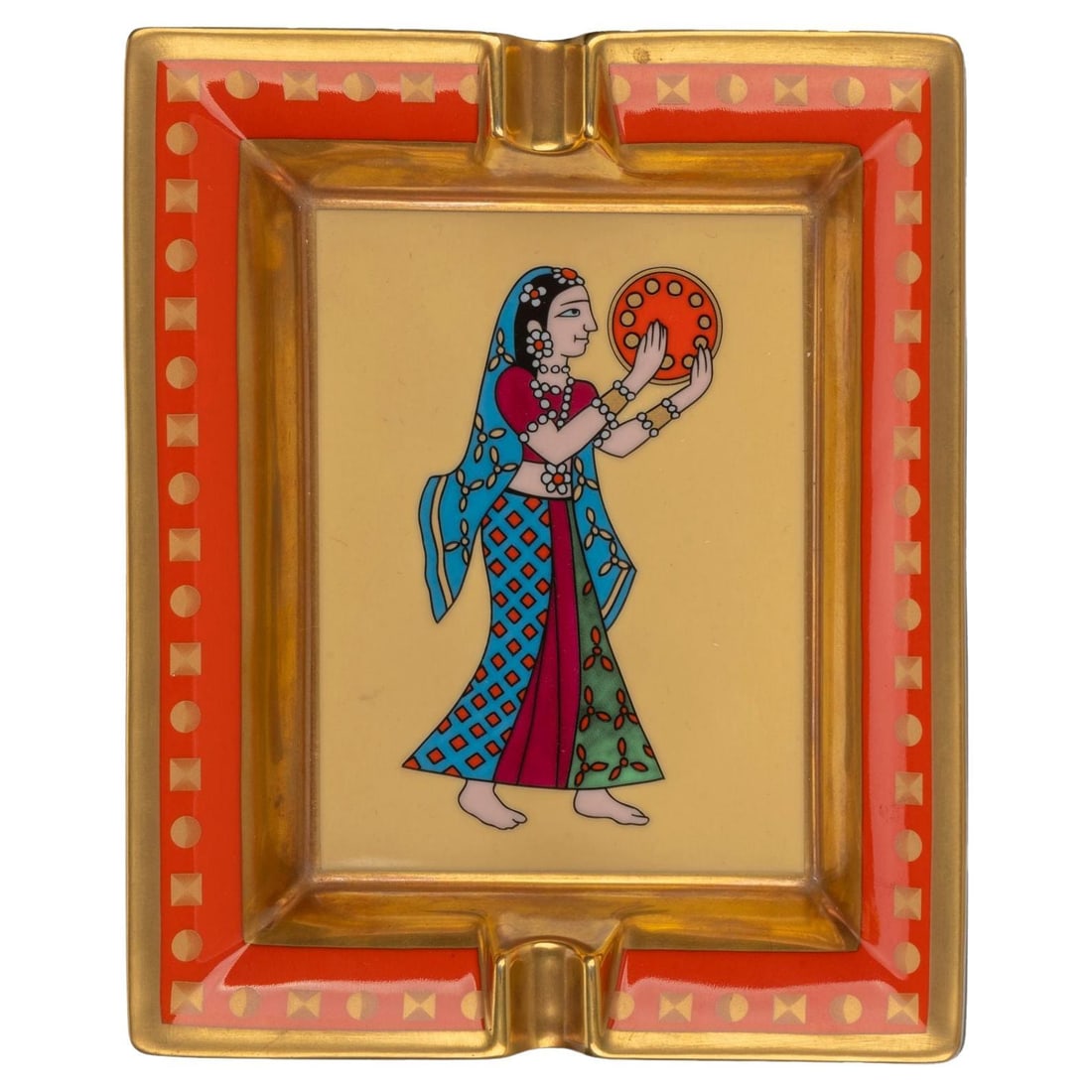 Hermes Indian Dancer Ashtray 24kt Gold Leaf Porcelain: Hermes Indian Dancer Ashtray 24kt Gold Leaf Porcelain This exquisite Hermes porcelain ashtray features a stunning Indian dancer design, crafted with 24kt gold leaf accents. The vibrant color palette o