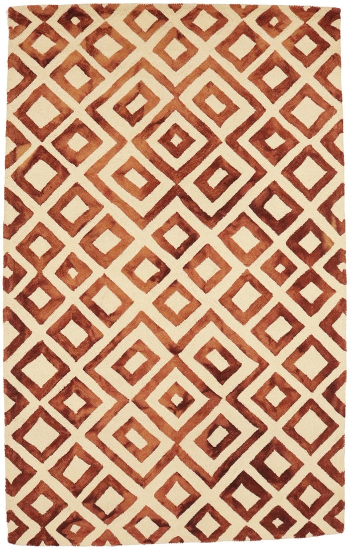 Modern Hand-Tufted Wool Area Rug 5x8 Geometric Pattern in Rust and Brown: Modern Hand-Tufted Wool Area Rug 5x8 Geometric Pattern in Rust and Brown This pre-owned hand-tufted area rug features a striking geometric design in rust and brown tones, ideal for modern interiors. C