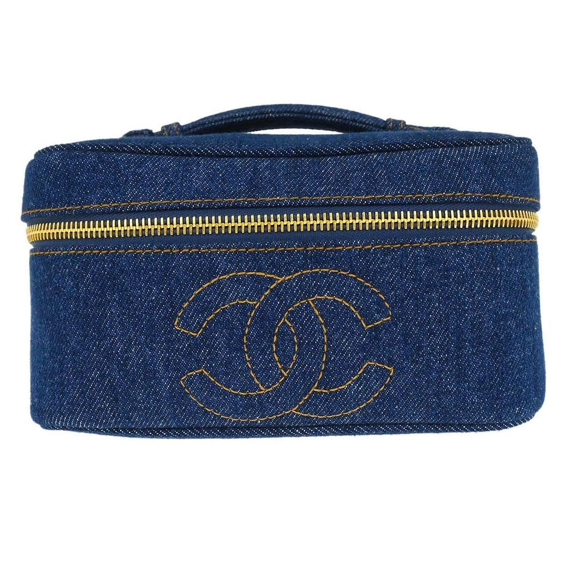 Blue Denim Medium Vanity Bag by Chanel with Zipper Closure: Blue Denim Medium Vanity Bag by Chanel with Zipper Closure This Chanel vanity handbag features a blue denim exterior and a zipper closure, offering a stylish and functional design. It is a medium-size