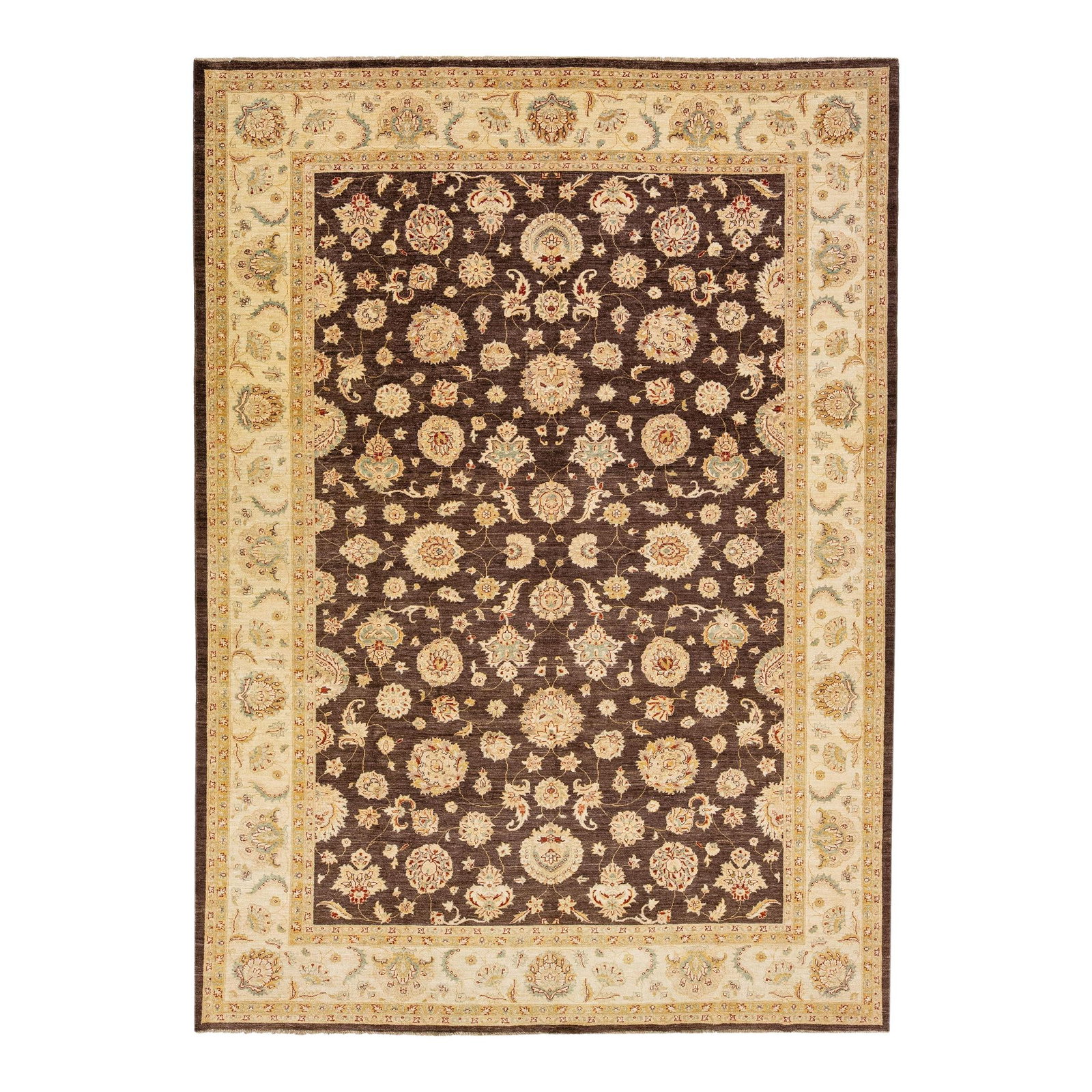 Modern Peshawar Brown Wool Rug 10'2 x 14' Palmettes Motif: Modern Peshawar Brown Wool Rug 10'2 x 14' Palmettes Motif Enhance your living space with this exquisite Modern Peshawar handmade wool rug, featuring a rich brown color field. Adorned with a sophistica