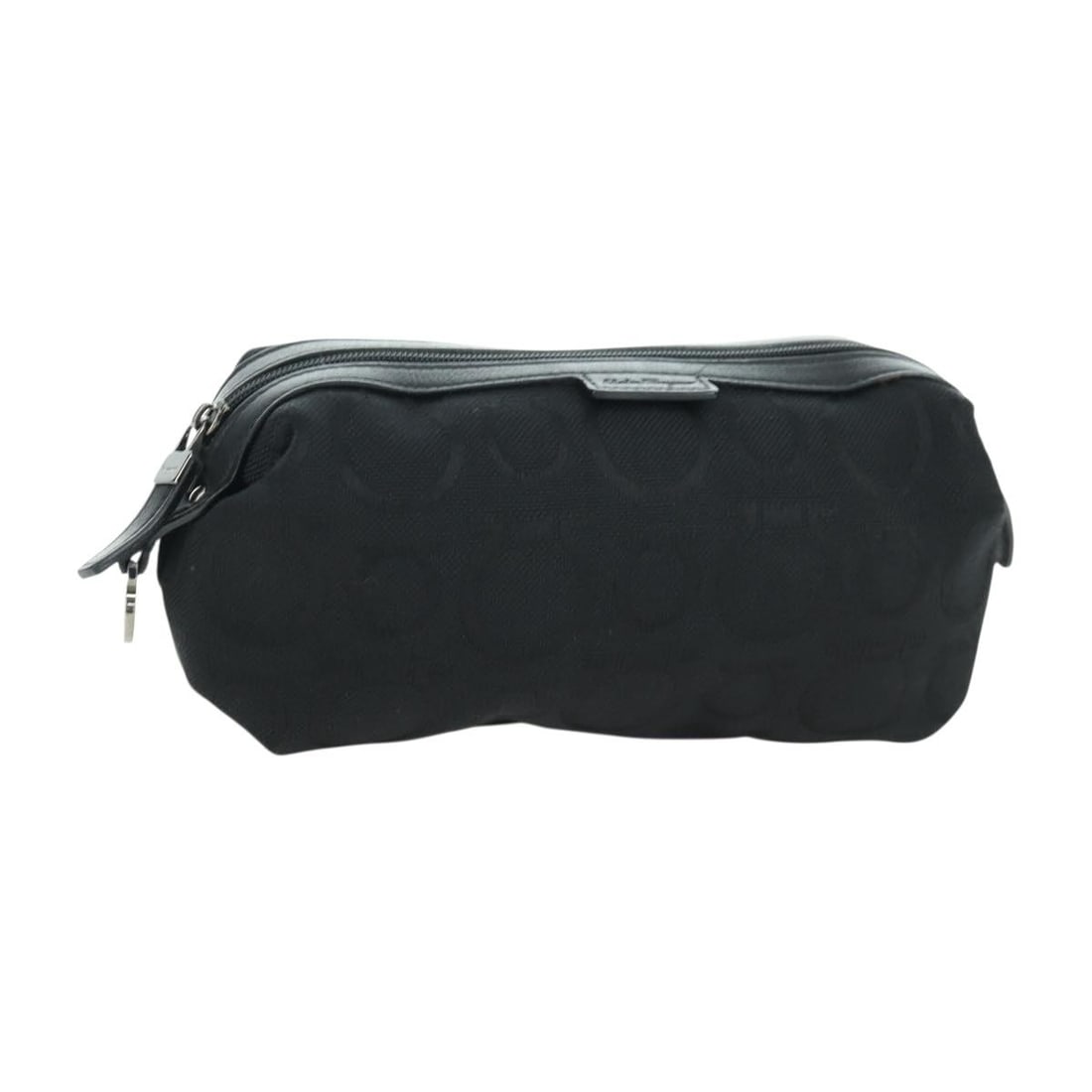 Black Canvas Gancini Pouch by Salvatore Ferragamo for Women: Black Canvas Gancini Pouch by Salvatore Ferragamo for Women This Salvatore Ferragamo Gancini pouch is crafted from black canvas and designed for women. Made in Italy, the pouch features a sleek and co