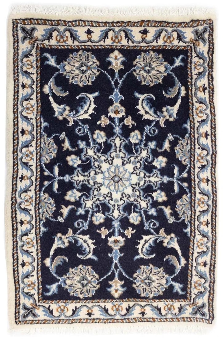 Hand-Knotted Wool Area Rug Floral Pattern 1'11 x 2'10 Vintage Nain Tabas Style: Hand-Knotted Wool Area Rug Floral Pattern 1'11 x 2'10 Vintage Nain Tabas Style This handmade vintage Nain Tabas Oriental rug features a classic floral design in shades of purple-navy, cream, brown, an