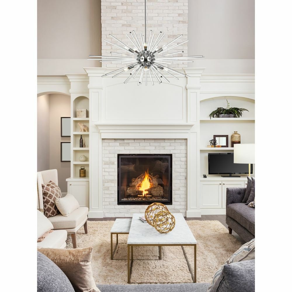 Sienna 10-Light Chrome Sputnik Chandelier with Clear Glass Rods: Sienna 10-Light Chrome Sputnik Chandelier with Clear Glass Rods Illuminate your space with this stunning Large Sputnik Chandelier featuring a modern design with clear glass rods and a chrome finish. T