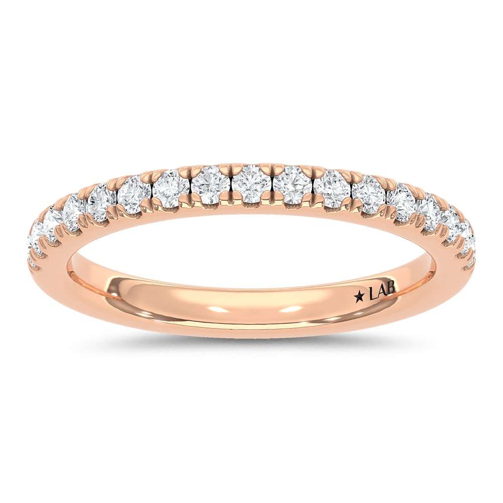 14K Rose Gold Lab Grown Diamond 3/8 Ct.Tw. Wedding Band: 14K Rose Gold Lab Grown Diamond 3/8 Ct.Tw. Wedding Band This 14K Rose Gold Anniversary Band, adorned with 3/8 Ct.Tw. of Lab Grown Diamonds, is a symbol of refined sophistication. The classic Rose gold