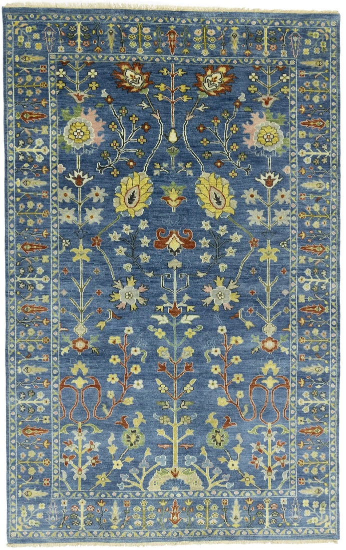 Hand-Knotted Blue Floral Oushak Chobi Area Rug 5'0 x 7'11 (1 of 14)