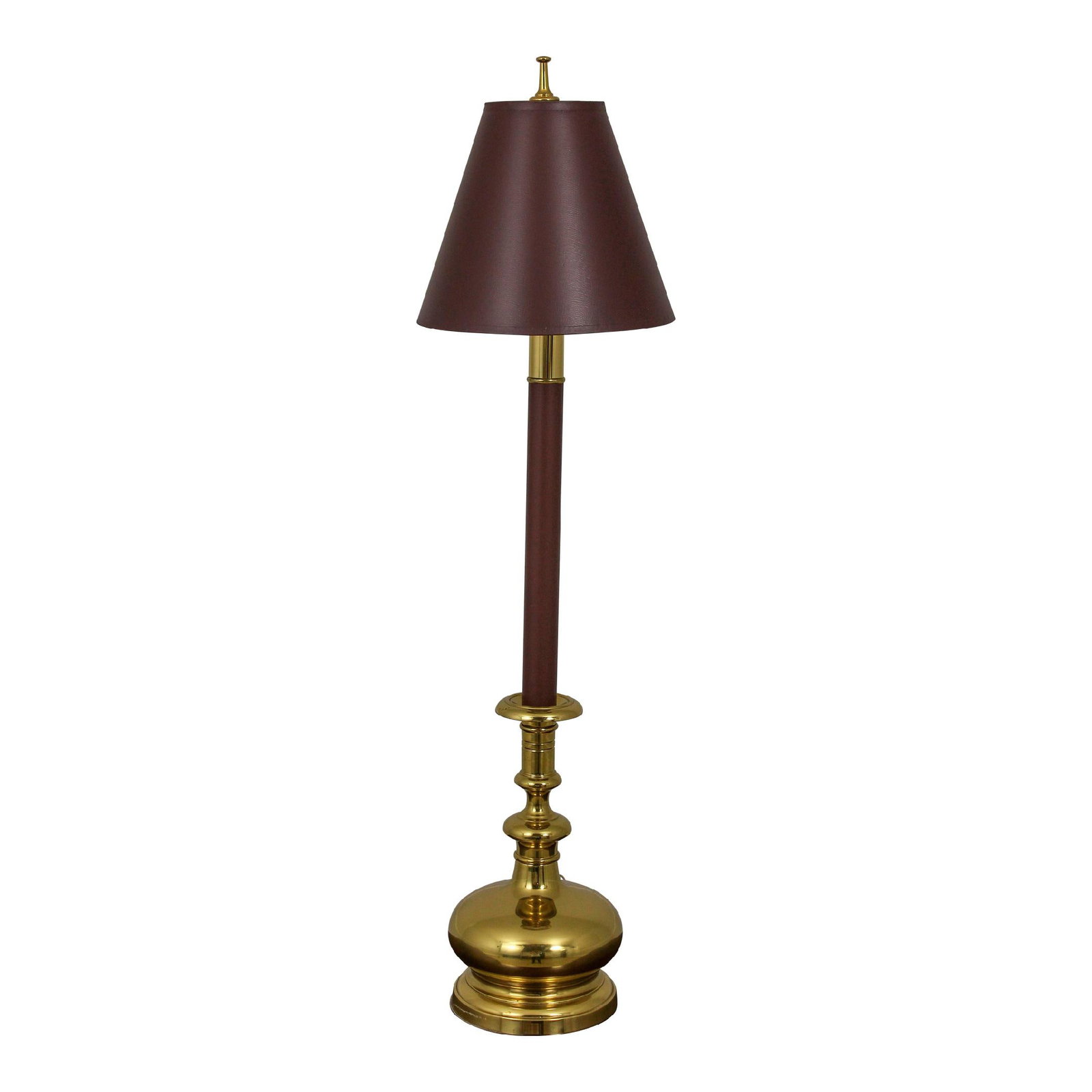 Elegant Brass Base Tall Lamp with Maroon Foil Shade 35 inches: Elegant Brass Base Tall Lamp with Maroon Foil Shade 35 inches This elegant tall lamp features a polished brass base paired with a maroon paper foil shade, making it a striking addition to any room. Wi