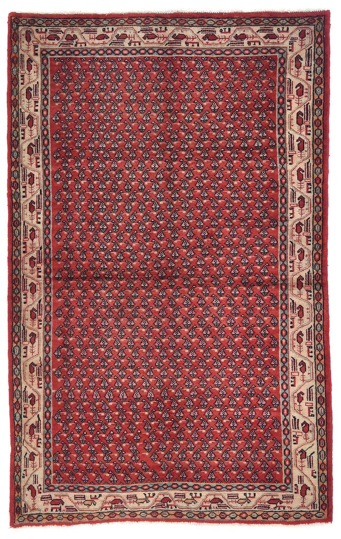 Handmade Vintage Tribal Wool Rug 4'3 x 6'7 Eco-Friendly: Handmade Vintage Tribal Wool Rug 4'3 x 6'7 Eco-Friendly Enhance your space with this exquisite Handmade Vintage Oriental Rug featuring a captivating tribal design. Perfect for entryways, bedrooms, or