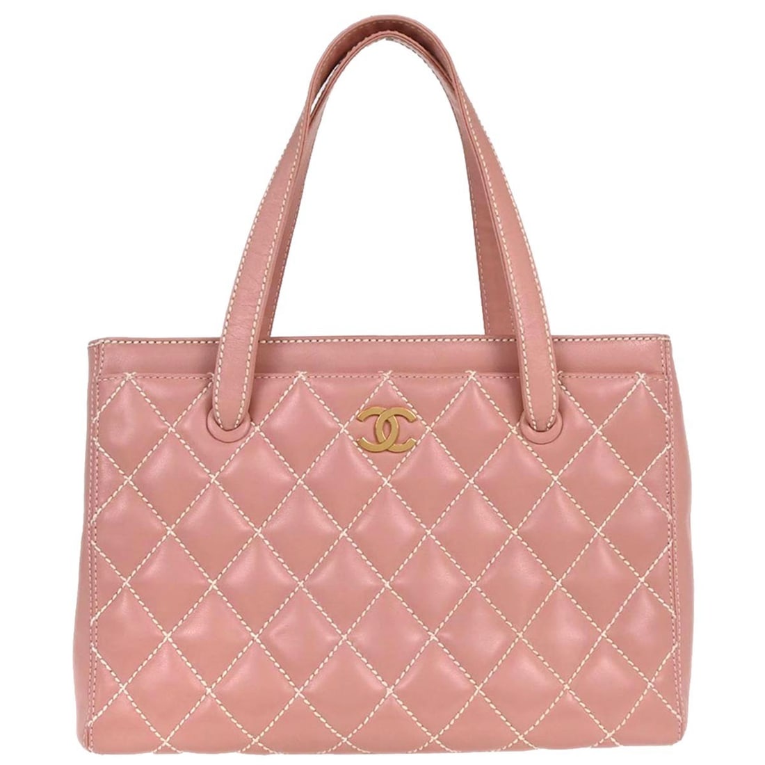 Chanel Pink Calfskin Wild Stitch Handbag with Pockets: Chanel Pink Calfskin Wild Stitch Handbag with Pockets This exquisite Chanel Pink Calfskin Wild Stitch Tote Handbag is perfect for casual occasions. Crafted from high-quality leather, this medium-sized