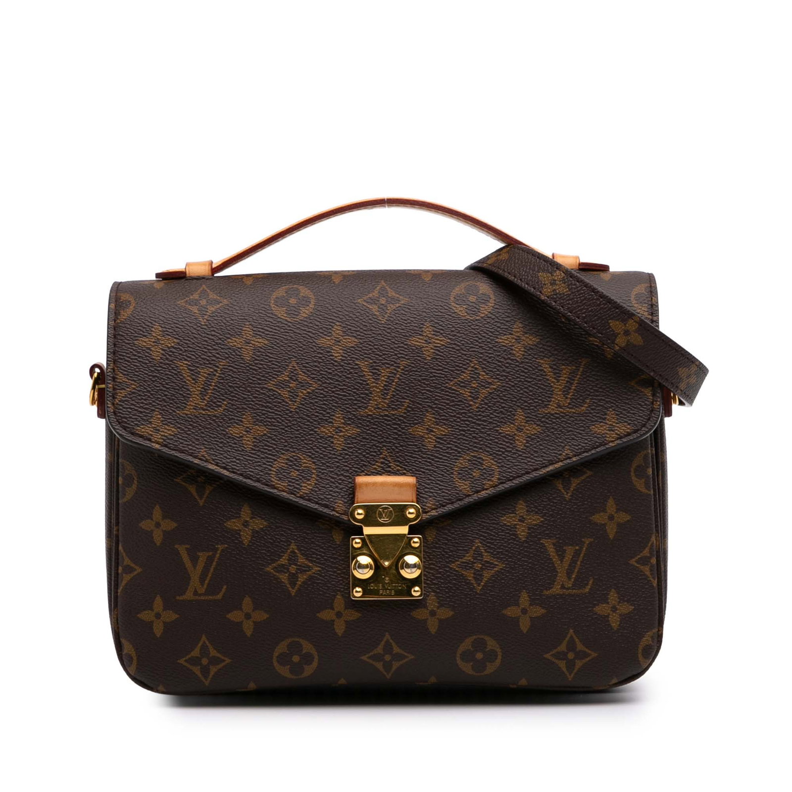 Louis Vuitton Monogram Pochette Metis Bag with S-Lock Closure: Louis Vuitton Monogram Pochette Metis Bag with S-Lock Closure The Louis Vuitton Monogram Pochette Metis is a stylish and functional bag crafted from durable monogram canvas. It features a flat vachett