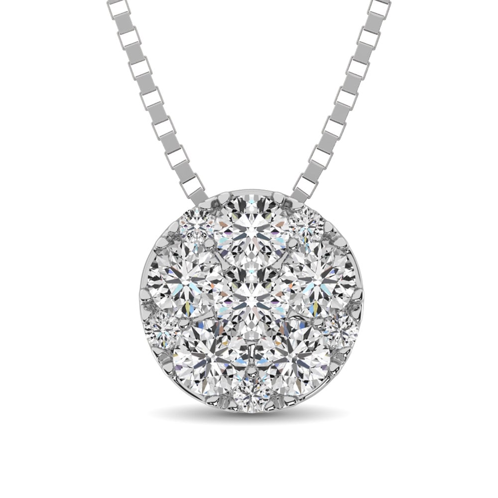 14K White Gold 1/3 Ct.Tw. Diamond Flower Pendant: 14K White Gold 1/3 Ct.Tw. Diamond Flower Pendant This beautiful circular shape 14K White Gold Pendant cover with 11 round cut diamonds of 1/3 Ct.Tw. in invisible and micro prong setting, which gives B