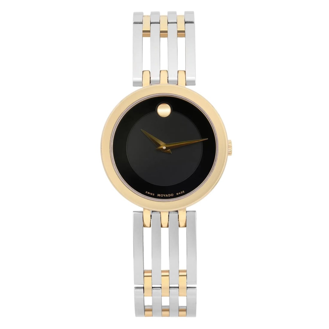 Ladies Movado Esperanza Quartz Gold Tone 28mm Black Dial Stainless Steel Watch: Ladies Movado Esperanza Quartz Gold Tone 28mm Black Dial Stainless Steel Watch The Movado Esperanza ladies wristwatch features a 28mm polished stainless steel case with a gold tone finish and a sleek