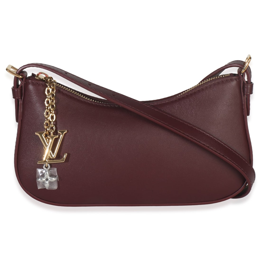 Louis Vuitton Pochette LV Bloom Red Leather Shoulder Bag with Box and Dustbag: Louis Vuitton Pochette LV Bloom Red Leather Shoulder Bag with Box and Dustbag This Louis Vuitton Pochette LV Bloom is crafted from garnet red calfskin leather with a gold-tone zip-top closure. The uni