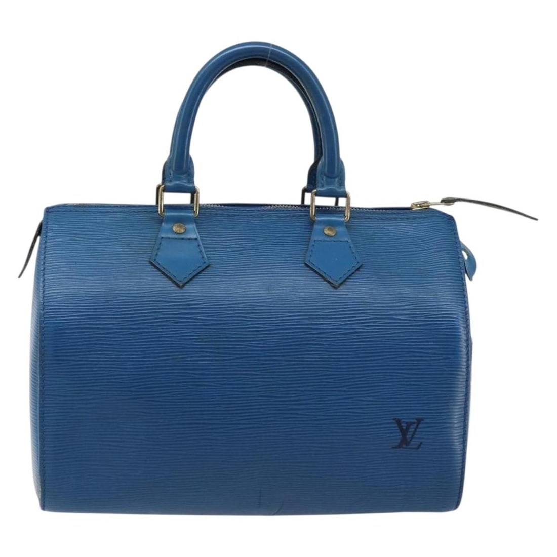 Blue Epi Leather Speedy Bag by Louis Vuitton with 27cm Width: Blue Epi Leather Speedy Bag by Louis Vuitton with 27cm Width This Louis Vuitton Speedy handbag is crafted from blue Epi leather and designed for women. Made in France, it features a structured silhoue