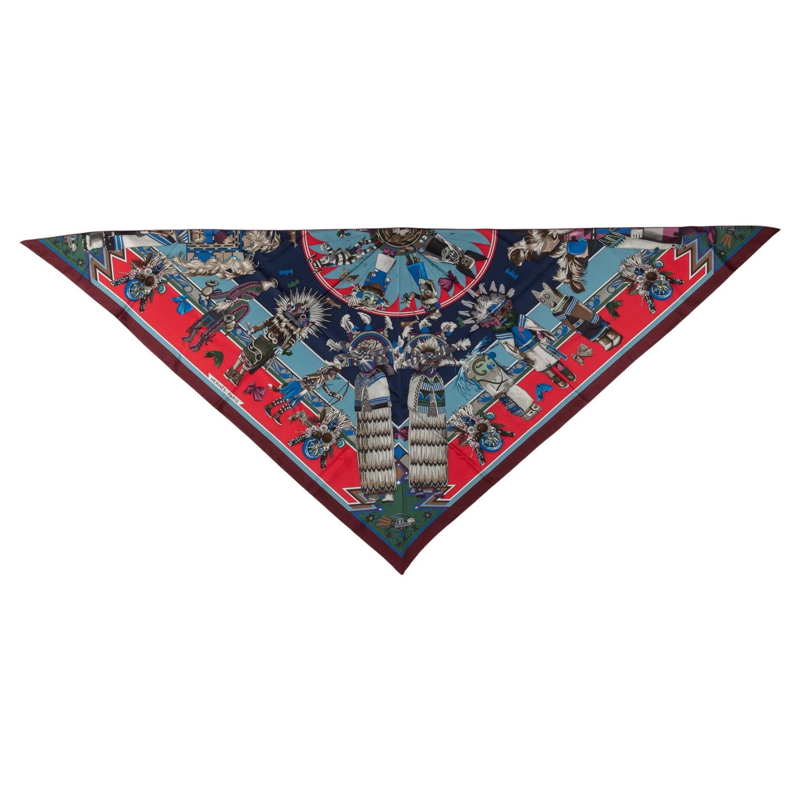Hermes Kachinas Pointe Blue Red Silk Shawl 27x82 with Box (1 of 6)