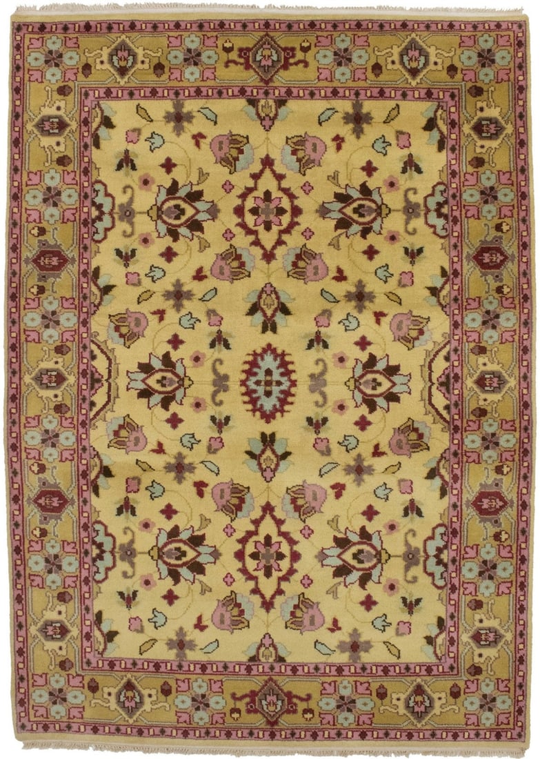 Hand-Knotted Wool Oushak Area Rug 5'5 x 7'6 Floral Pattern from India: Hand-Knotted Wool Oushak Area Rug 5'5 x 7'6 Floral Pattern from India This handmade Oushak rug features a distinctive floral oriental pattern in rare buff beige, pink, and rusty red tones. Crafted fro