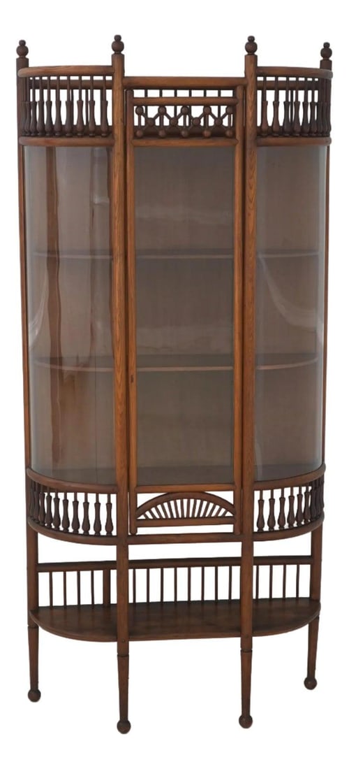 Oak Stick and Ball Curio Cabinet with Curved Glass Sides Victorian Era (1 of 10)