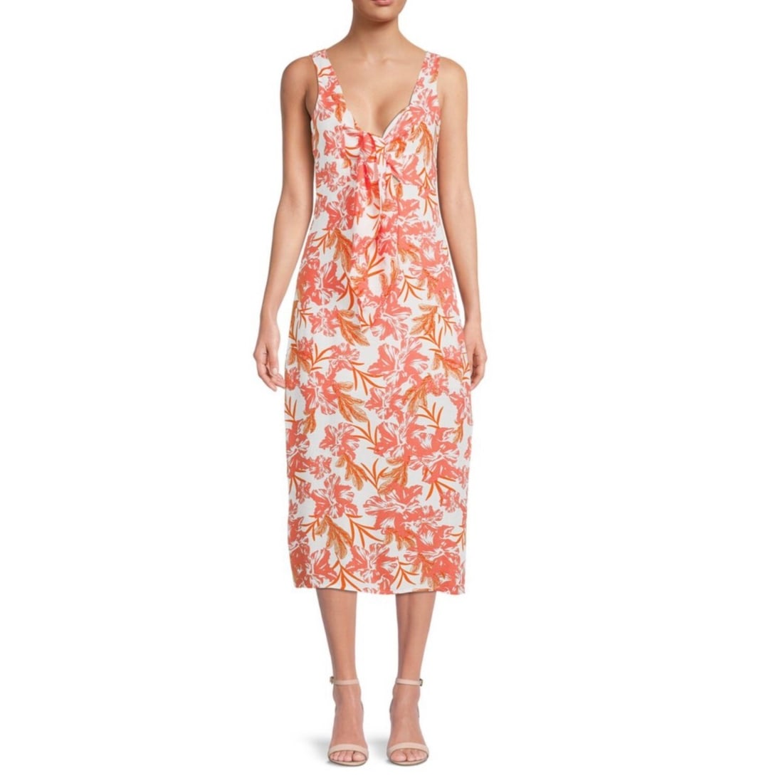 Sam Edelman Floral Tie-Front Midi Dress Orange White Women's 12: Sam Edelman Floral Tie-Front Midi Dress Orange White Women's 12 Elevate your wardrobe with this stunning Sam Edelman Women's Floral Tie-Front Midi Dress. This dress features a vibrant orange and white