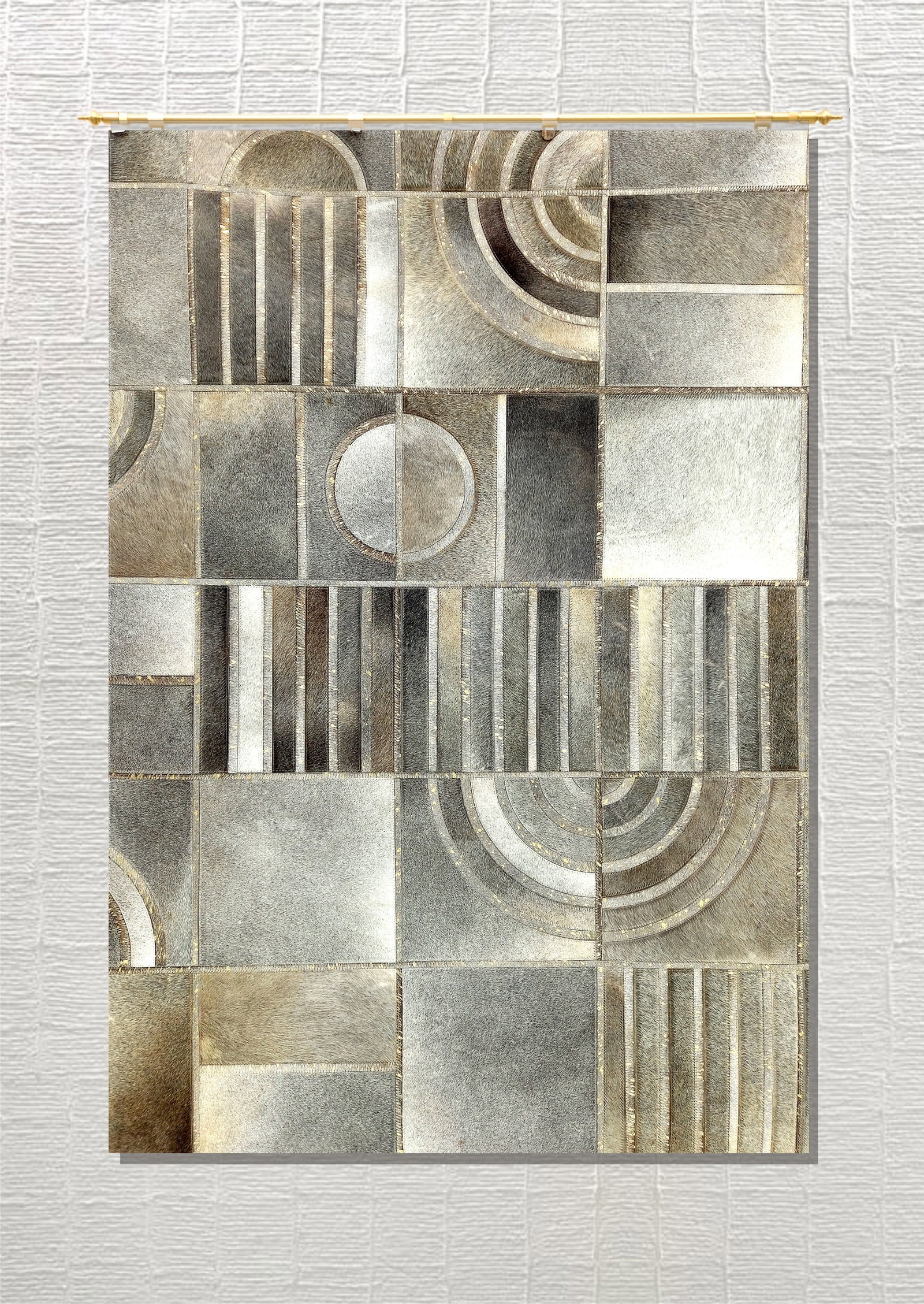 Handmade Art Deco Silver Champagne Geometric Cowhide Leather Mosaic Area Rug (1 of 1)