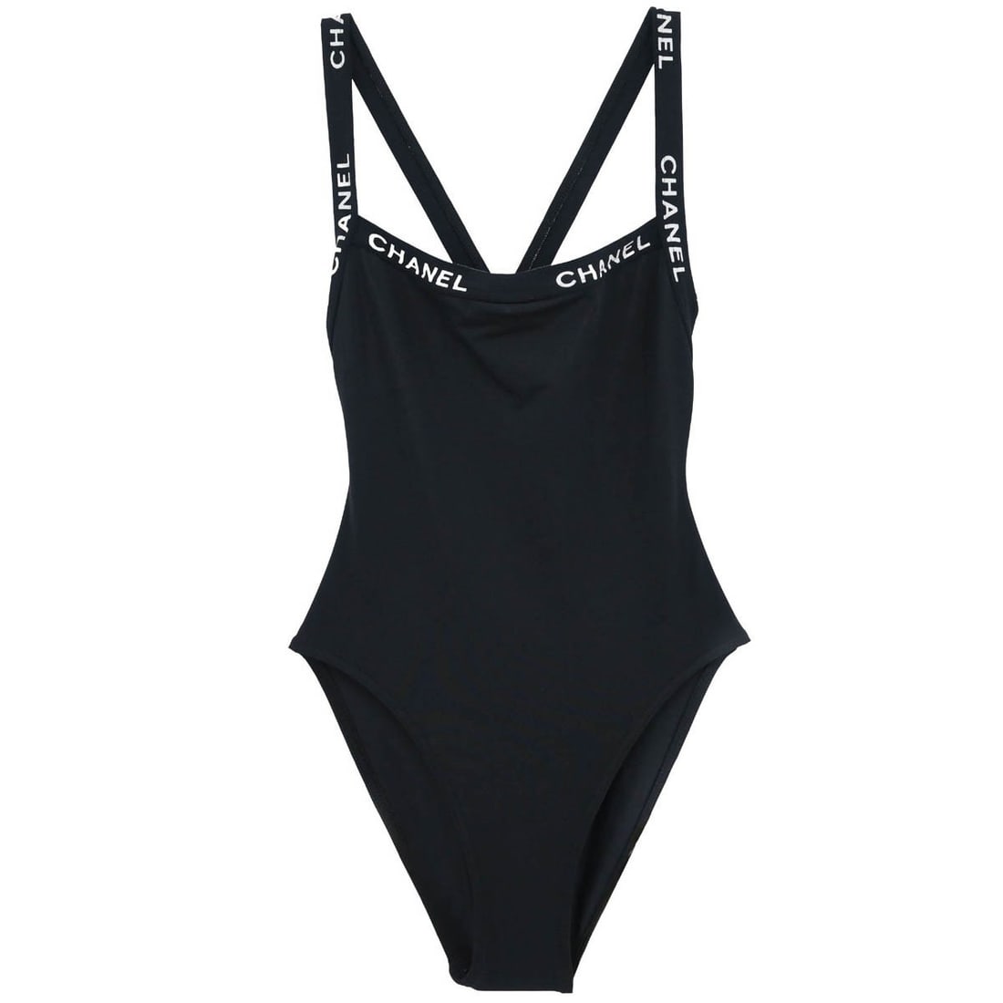 Chanel Black Swimsuit Size 34 with Logo Accent: Chanel Black Swimsuit Size 34 with Logo Accent Discover this elegant Chanel black swimsuit, a perfect blend of style and functionality. Designed for regular sizing, this chic piece features a striking
