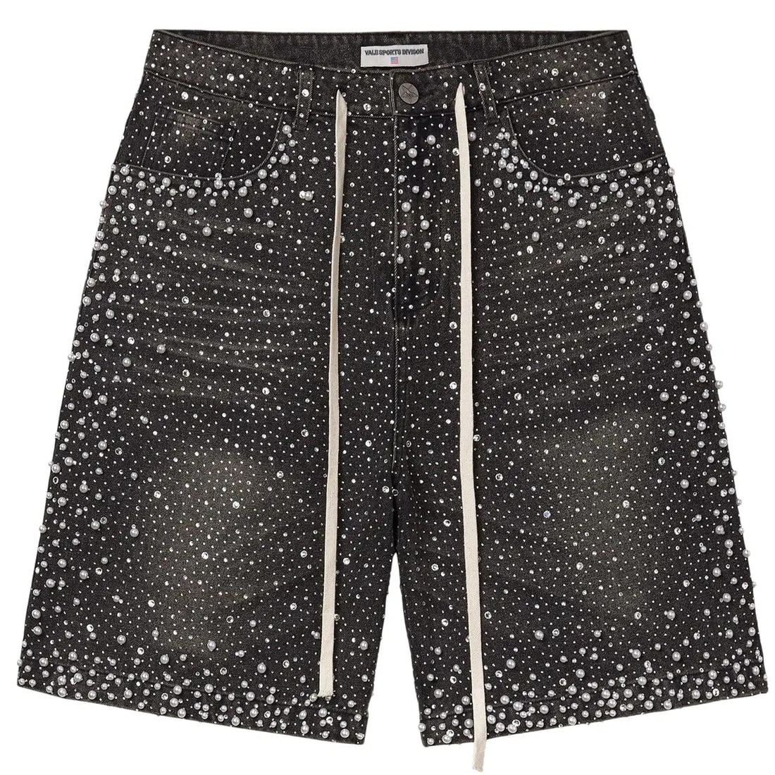 Black Denim Rainstorm Shorts by Vale with Distressed Raw Hem (1 of 2)