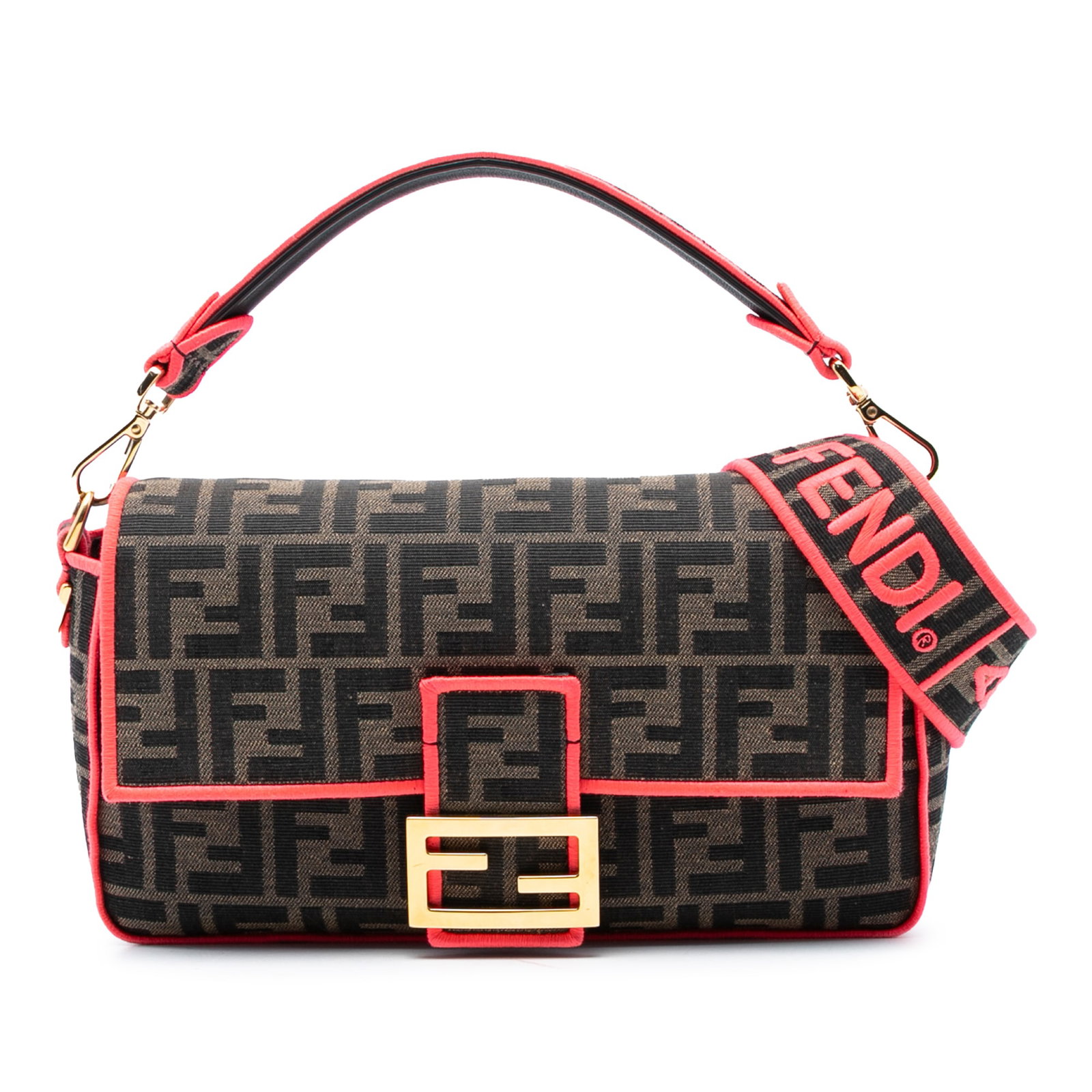 Fendi Zucca Canvas Baguette Bag with Fluo Trim and Removable Strap: Fendi Zucca Canvas Baguette Bag with Fluo Trim and Removable Strap This Fendi Medium Zucca Canvas Fluo Trim Baguette Satchel features a canvas body with distinctive fluo trim, a removable flat canvas