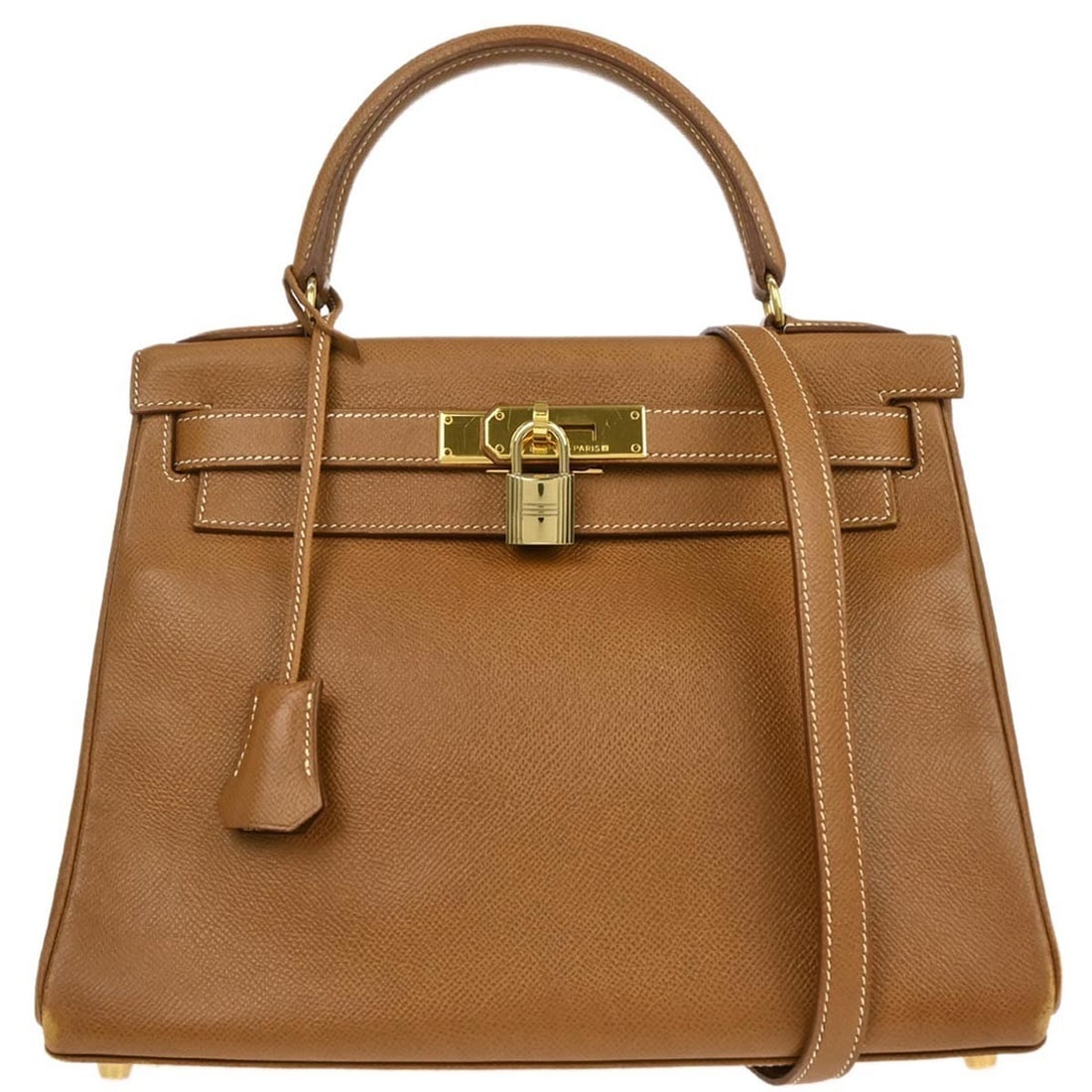 Hermes Kelly 28 Gold Leather Retourne Satchel with Two-Way Strap: Hermes Kelly 28 Gold Leather Retourne Satchel with Two-Way Strap This Hermes Kelly 28 Retourne 2-way handbag features gold leather in a medium-sized satchel design. It is equipped with a top handle, a
