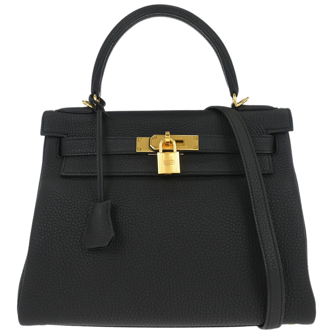 Kelly 28 Black Leather 2way Satchel Bag by Hermes: Kelly 28 Black Leather 2way Satchel Bag by Hermes This Hermes Kelly 28 Retourne handbag features black Togo leather and a classic top handle design. The bag offers versatile carrying options with both