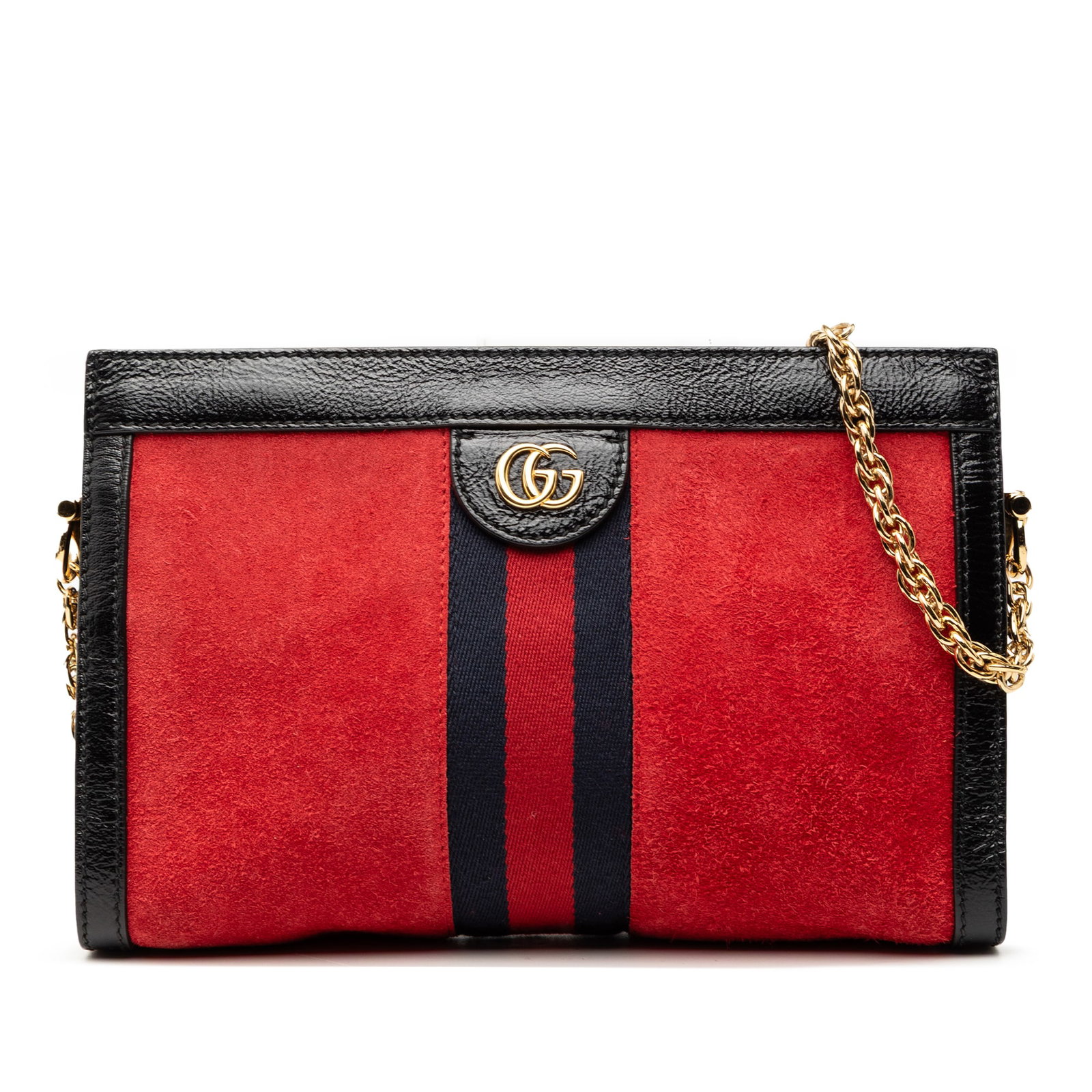 Gucci Ophidia Small Red Suede Crossbody Bag with Chain Strap: Gucci Ophidia Small Red Suede Crossbody Bag with Chain Strap This crossbody bag showcases a suede body accented with leather trim, complemented by a gold-tone chain shoulder strap. It features magneti