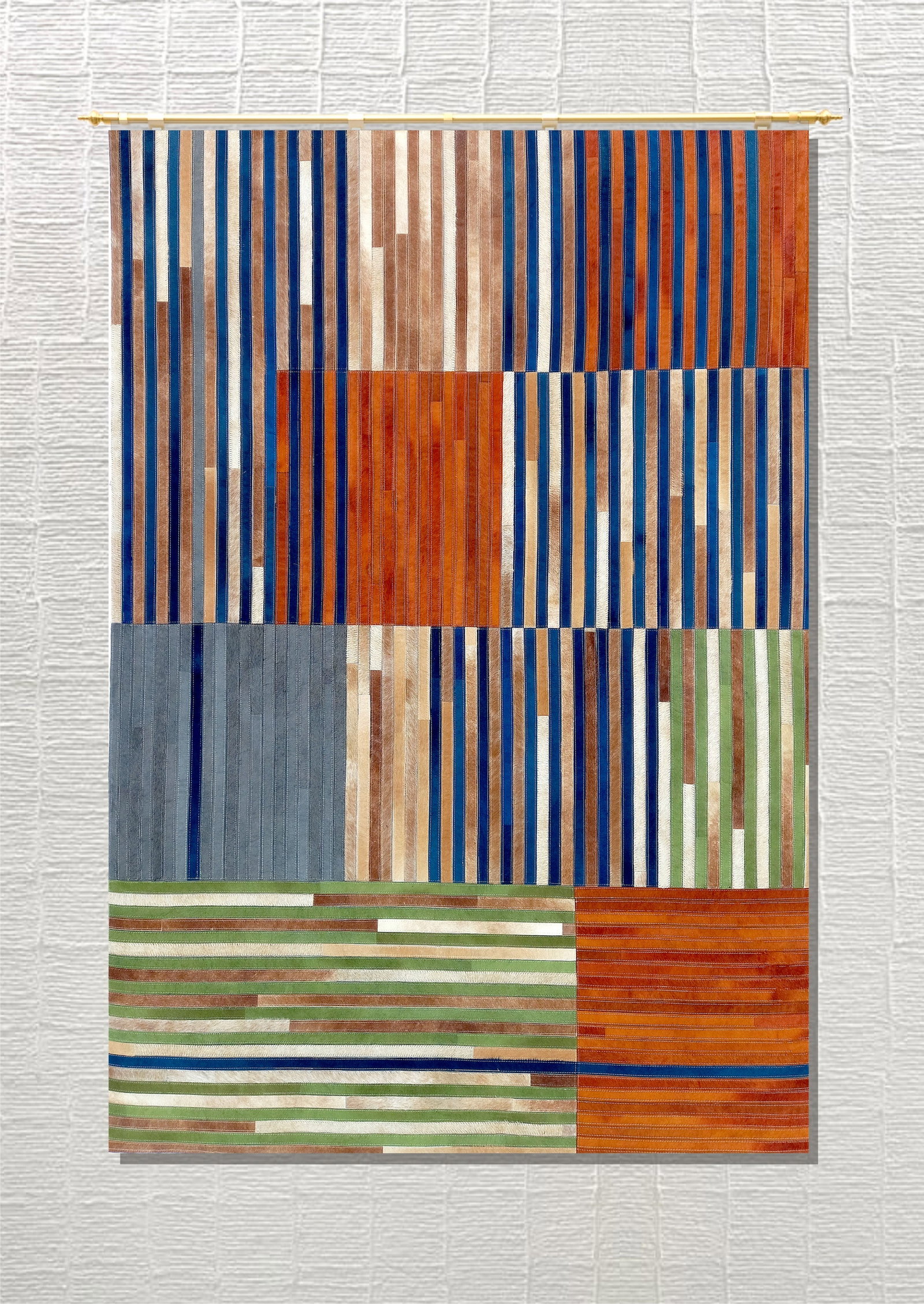 Handmade Multi Color Linear Mosaic Patchwork Cowhide Leather Area Rug (1 of 1)