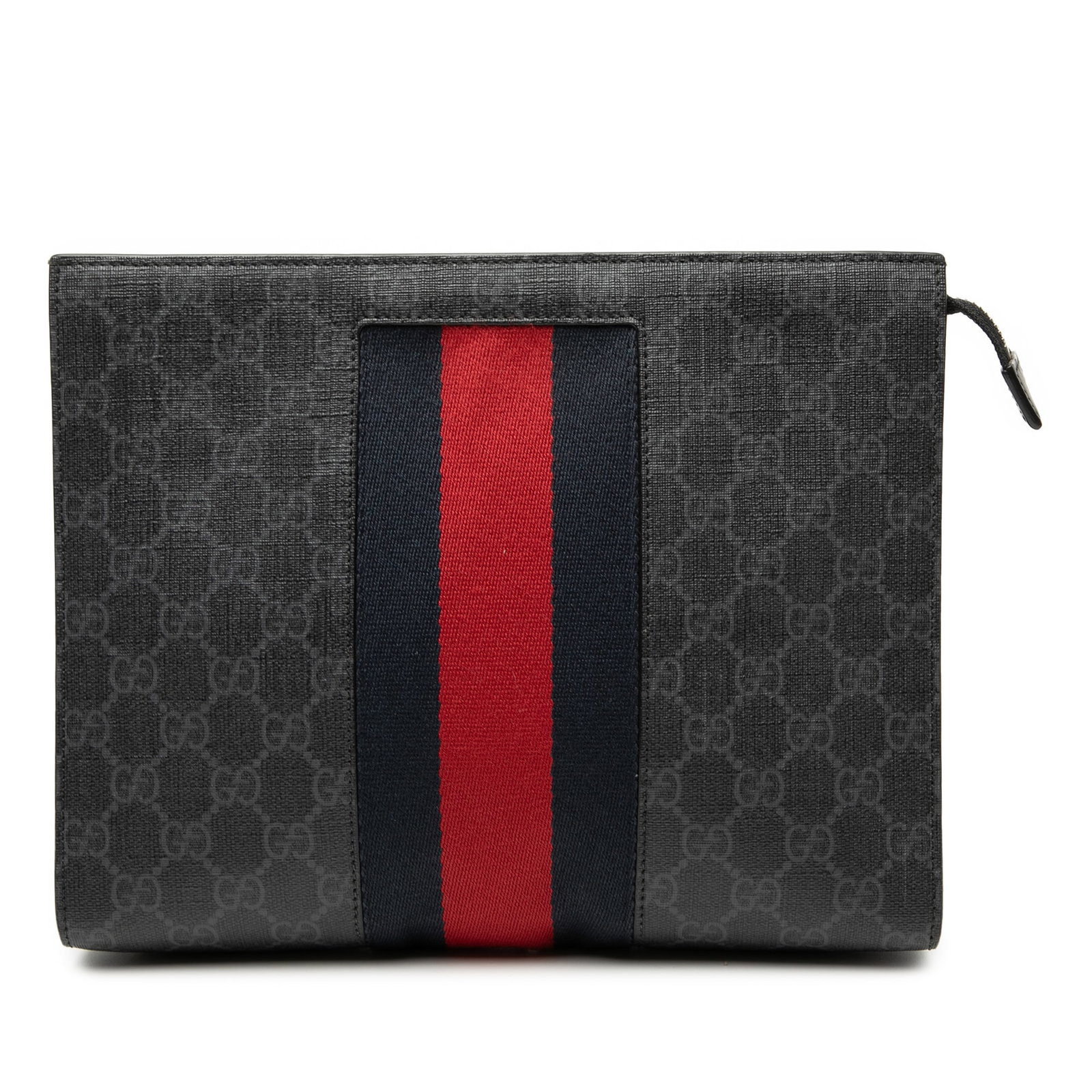 Gucci GG Supreme Web Canvas Black Clutch Bag Italy: Gucci GG Supreme Web Canvas Black Clutch Bag Italy This Gucci GG Supreme Web Clutch features a coated canvas body with signature web detailing, a top zip closure, and an interior slip pocket. The bag