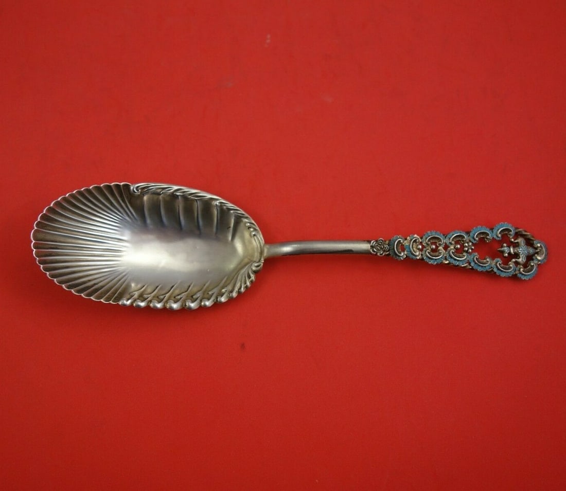 French and Franklin Sterling Silver Berry Spoon Enamel Fleur de Lis 8 1/8 Inch (1 of 3)